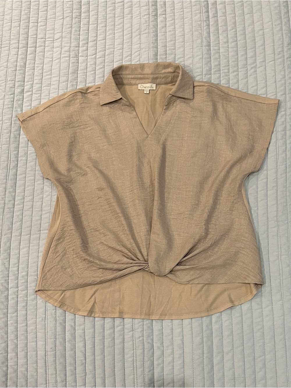 Chenault Neutral Beige Knot-Front Collar Tunic
